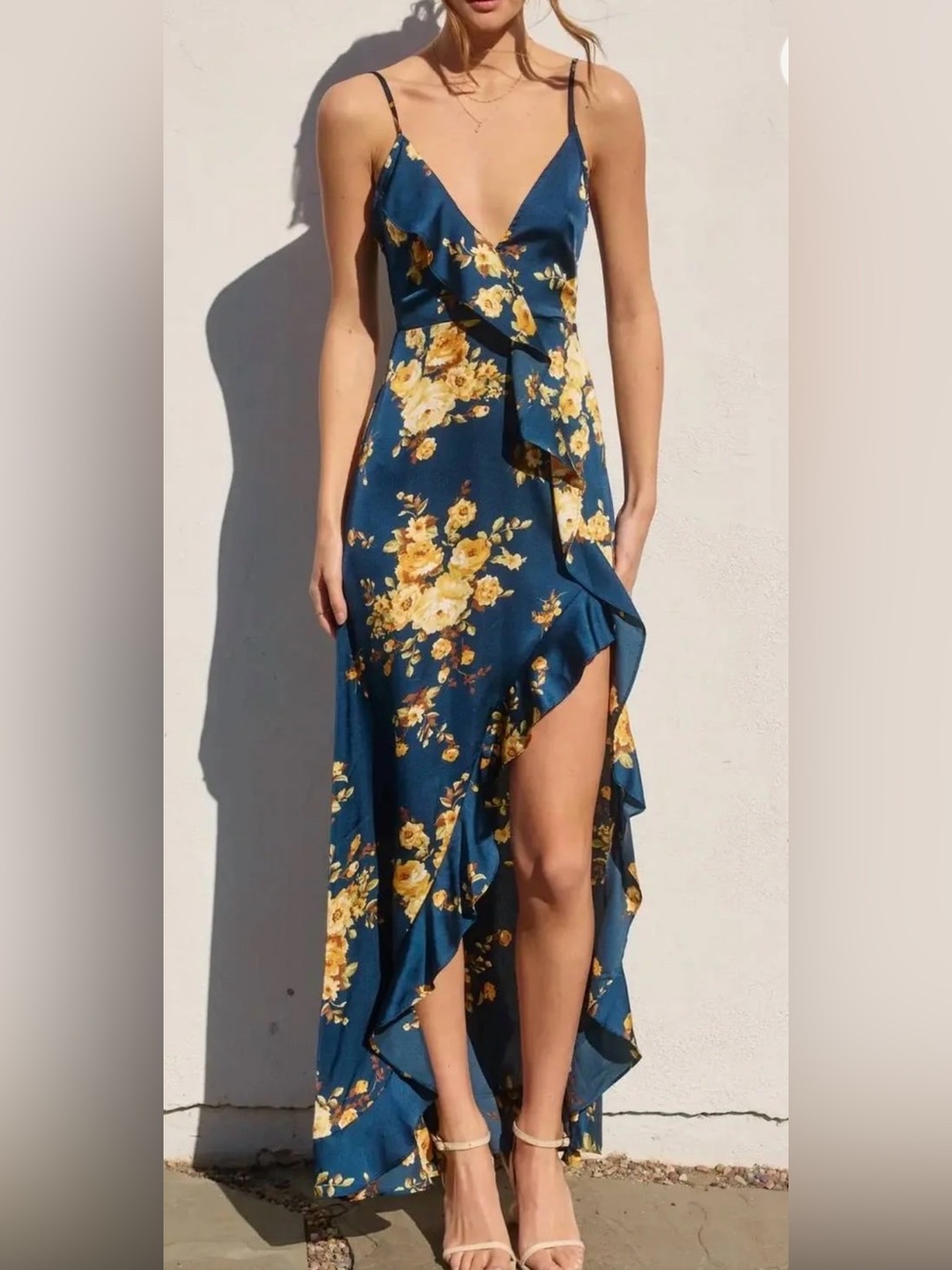 Floral Ruffle Maxi Dress - Mahina Maui Blue & Yellow